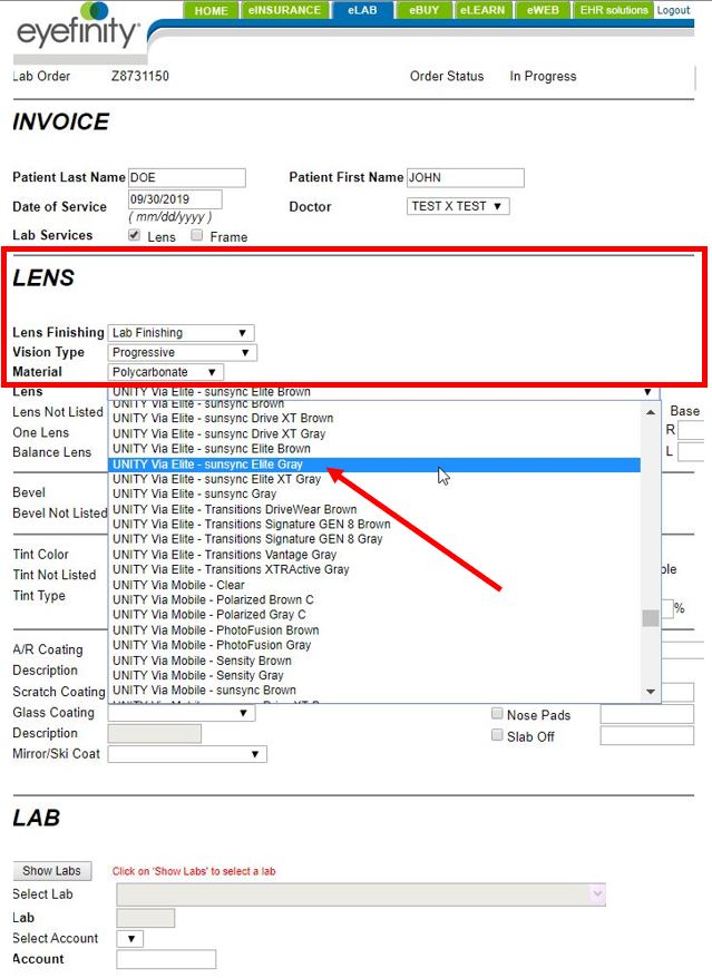 Select lenses and enter related information.