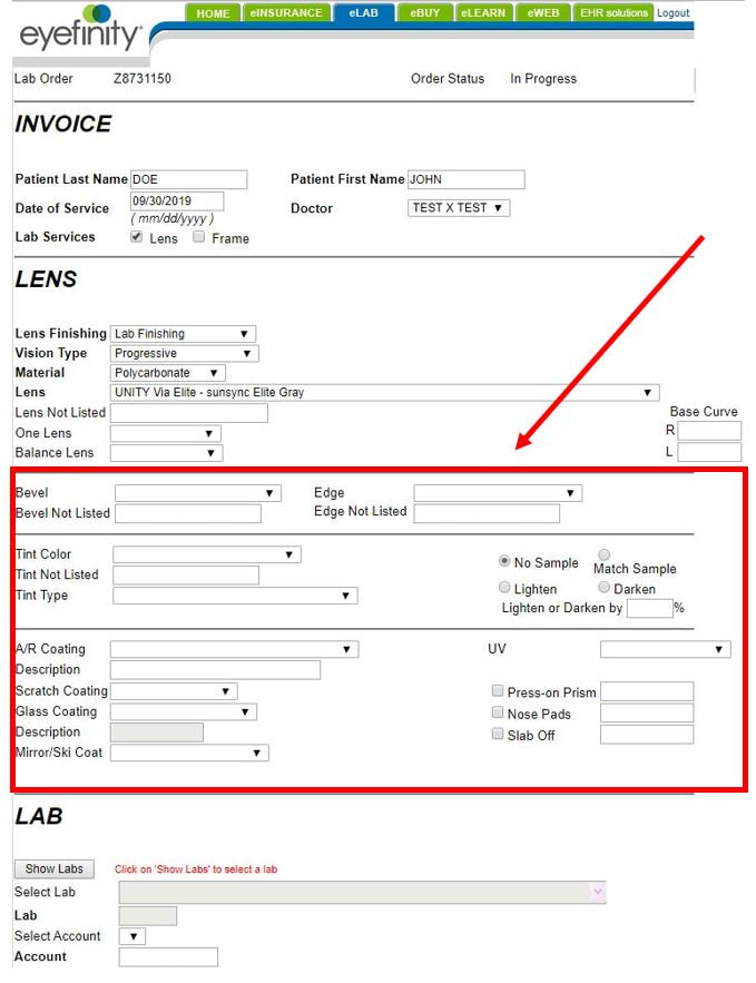 Complete all applicable fields between "Lens" and "A/R Coating"